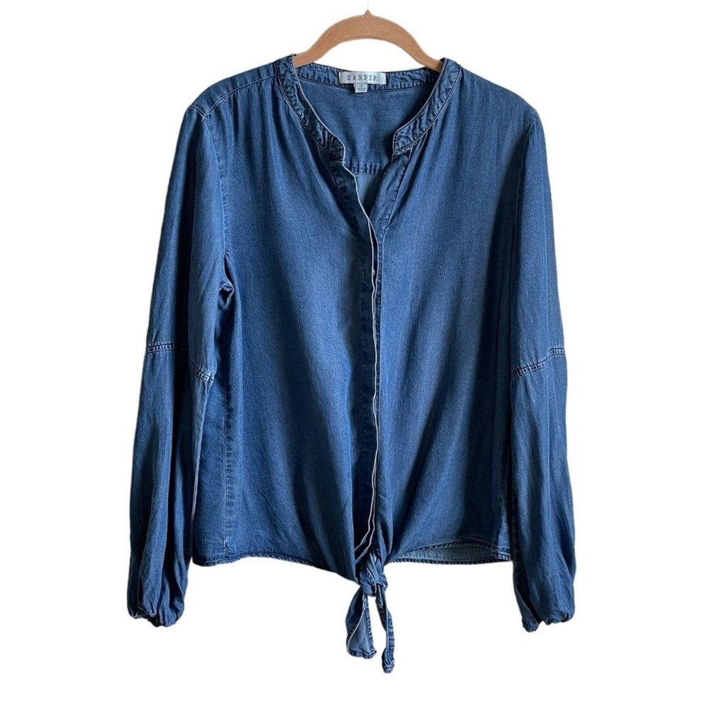 4/$25 Harper Shirt Blue Tencel Chambray Denim Button Tie Front Womens Sz S